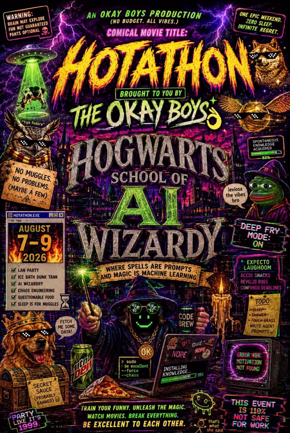 HOTATHON — Hogwarts School of AI Wizardry poster, August 7–9 2026, an Okay Boys production